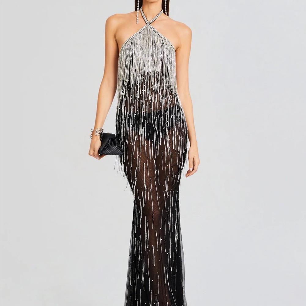 Retrofete Glittering Black and Silver Fringe Maxi Dress